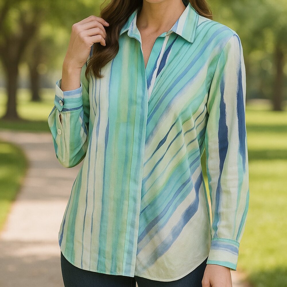 Finley Women Button Up Shirt Size M Multicolor Boyfriend Print Cotton